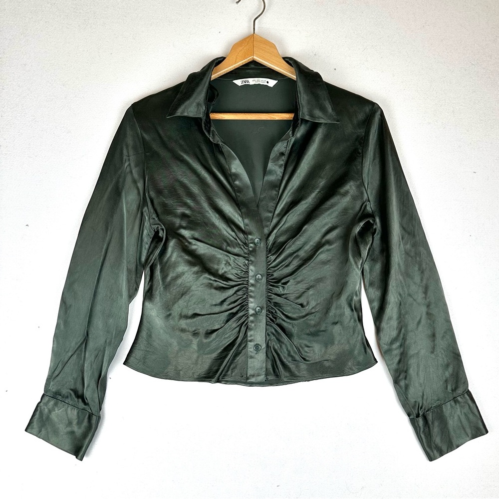 Zara Satin Ruched Front Button Down Blouse Evening Office